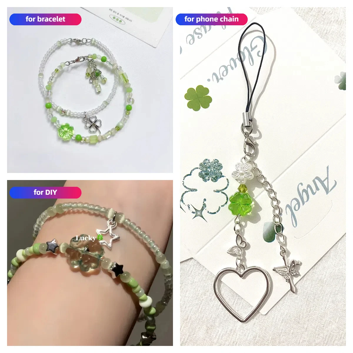 20pcs Acrylic Transparent Crystal Straight Hole cute green Four-Leaf Clover Beads 13mm for Phone Chain Necklace Bracelet