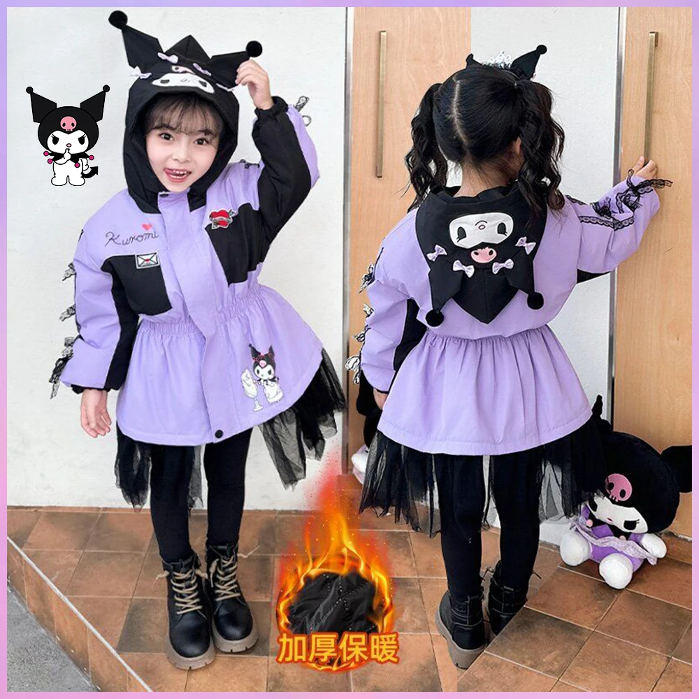 

Kawaii Sanrios аниме Kuromi детская куртка для девочек осенняя модная куртка с героями мультфильмов с втягивающей талией и капюшоном уличные теплые куртки для подростков