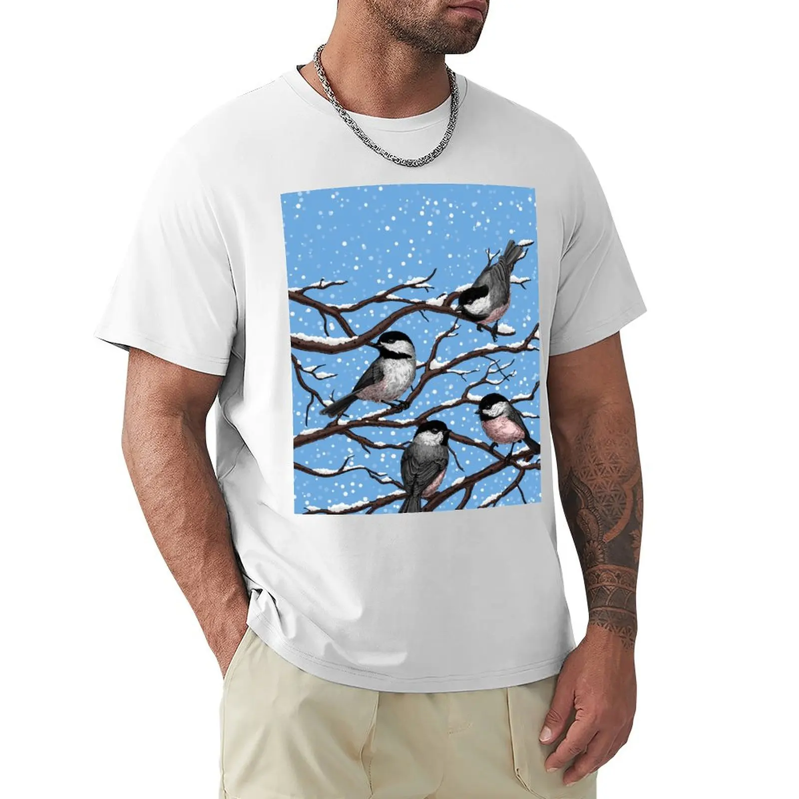 Chickadees in winter T-shirt heavyweights summer tops mens funny t shirts