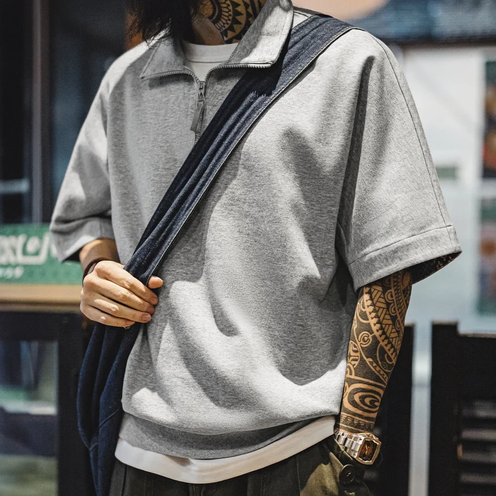 Maden Vintage Half-Zip Boro Style Short Sleeve Polo Shirt Men's Summer Indigo Dyed Printed Loose Collar T-Shirt Casual Gray Tops