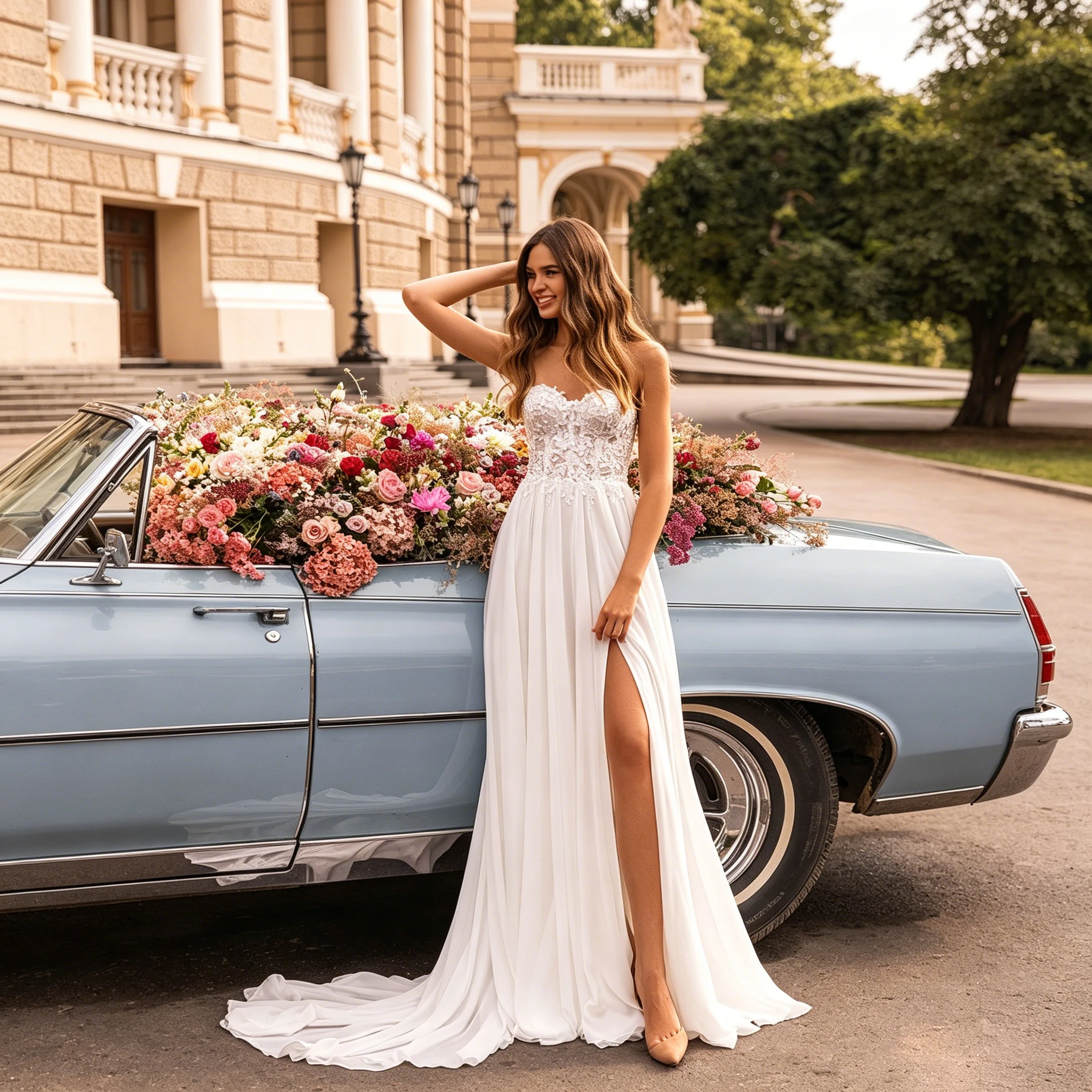 Strapless Lace Bodice Chiffon Wedding Dress High Slit A Line Long Train Ivory Bridal Gown Custom Plus Size Beach Outdoor Shoot