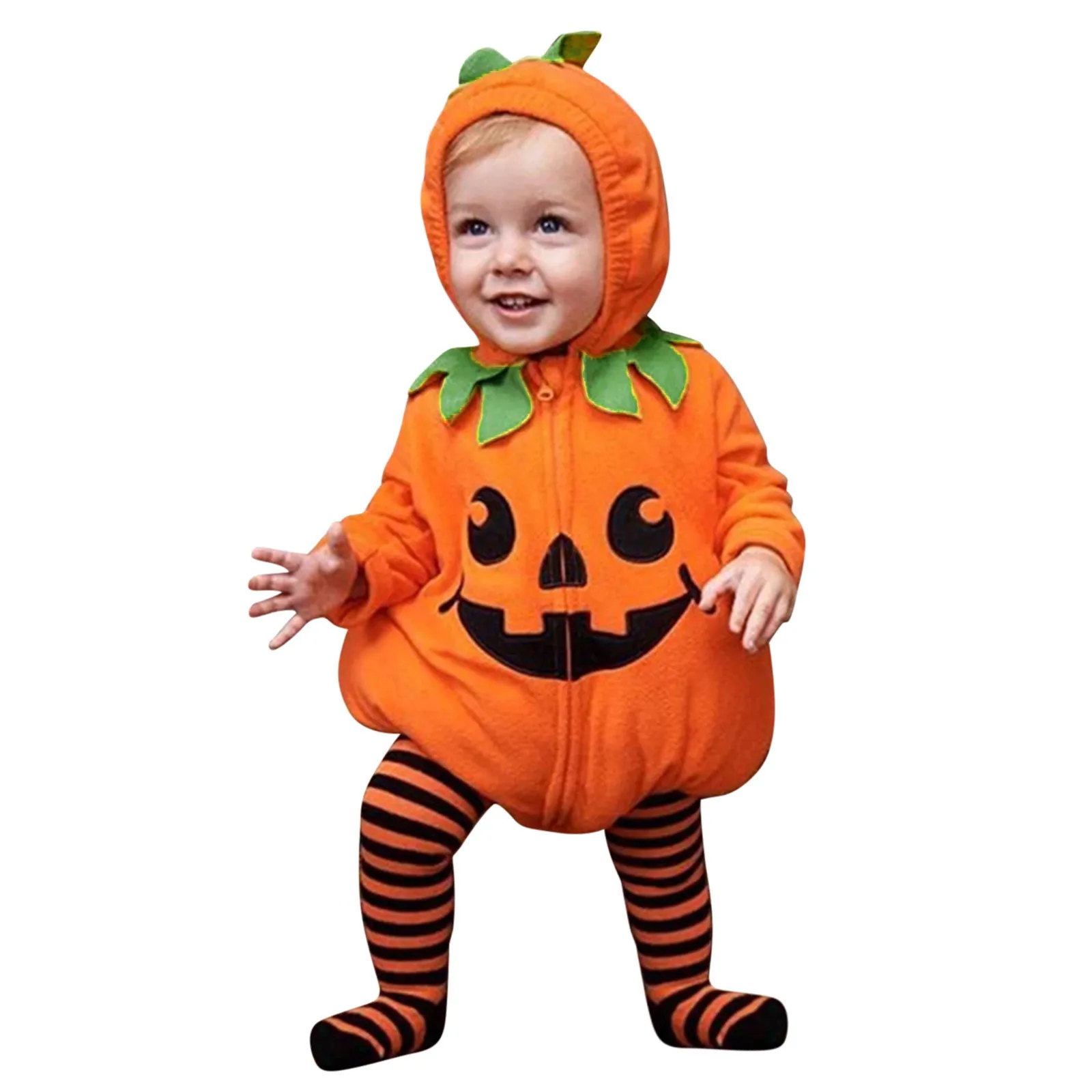 Baby Boys & Girl Clothes Funny Pumpkin Halloween Costume Long Sleeve Romper Hooded Jumpsuit Zipper Front Open Halloween Clothes