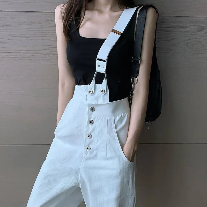 

2023 Fashion Femme Streetwear Casual Jeans Women High Waist Button Handsome White Overalls Female Korean Straight Denim Trousers