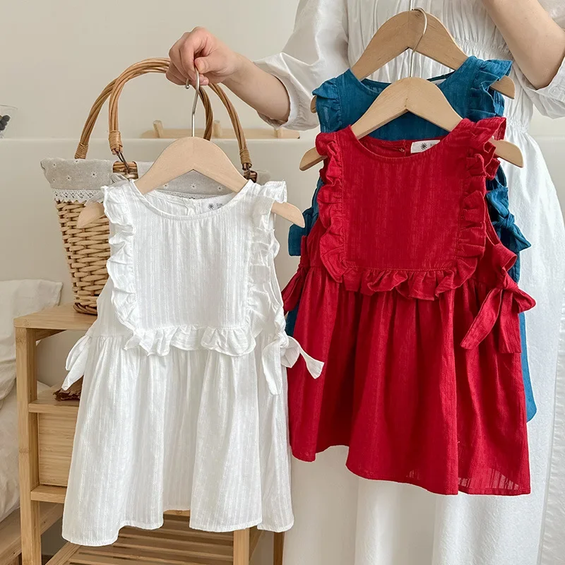 Girls Dresses Korean Childrens Clothing 2024 Summer New Girl Sweet Western Style Vest Lotus Leaf Dress Red Summer Skirts