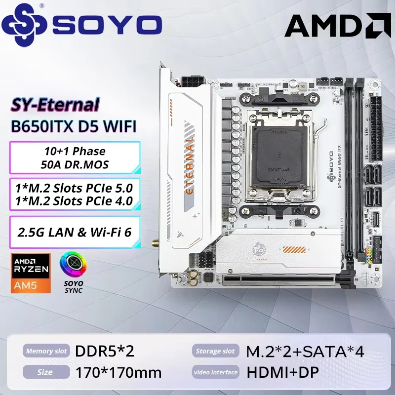 

SOYO B650M AMD Motherboard AMD Ryzen AM5 DDR5 Supports CPU 7000 8000 9000 Processors Pcie5.0x16 Pcie4.0x4 M.2 ARGB WIFI6 B650ITX