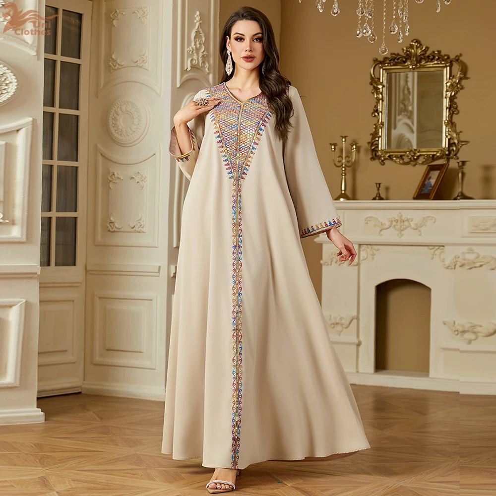 Uni Muslim Elegant Embroidery Women Evening Dress Abayas Morocco Sequins V-Neck Stylish Kaftan Women's Clothing