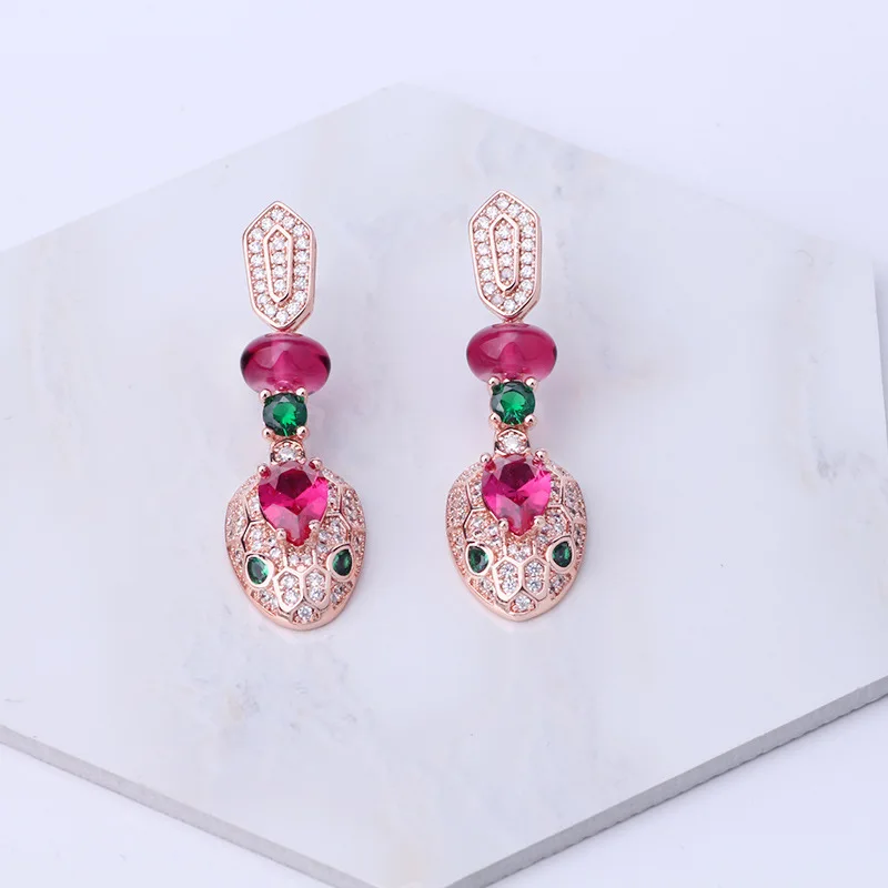 

Designer Collection Designer Luxury Women Lady Inlaid Red Blue Stone Full Cubic Zircon Snake Snakelike Dangle Stud Earrings