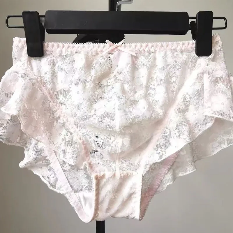 See Through Lace Convex Pouch Man's Sexy Briefs Sissy Bow Panties Pink White Ruffled Lingerie Couple Erotic Panties
