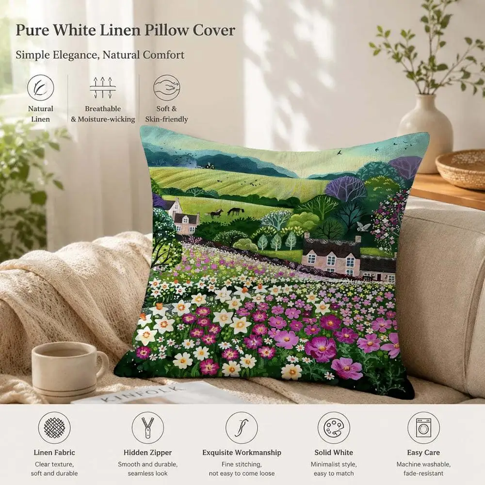 Springtime Natural Countryside Farm Cushion Cover 1/4PCS Linen Sofa Couch Bedroom Living Room Home Office Decor Pillow Case