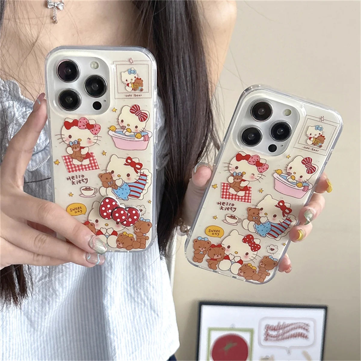 

Cute Rotating Bow Hellokitty Phone Case For iPhone 16 Pro 15 14 Pro Max Back Cover Korean Cartoon Protective Cases Funda