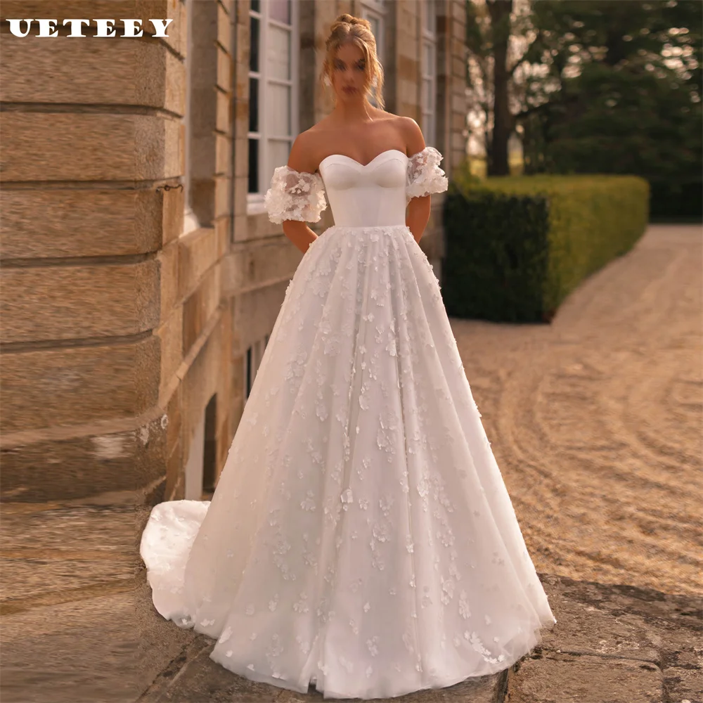 UETEEY Customized Princess Sweetheart Detachable Sleeve Crepe A Line Wedding Dress Flower Zipper Back Court Train Bridal Gown