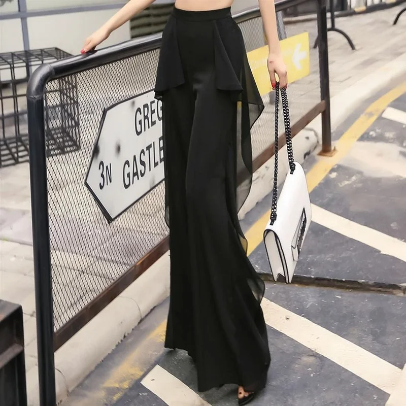 Chiffon Flared Pants Women Long Flare Leggings Sexy Palazzo Wide Leg Black Trousers Aesthetic Trendeez Fashion Bell Pants Woman