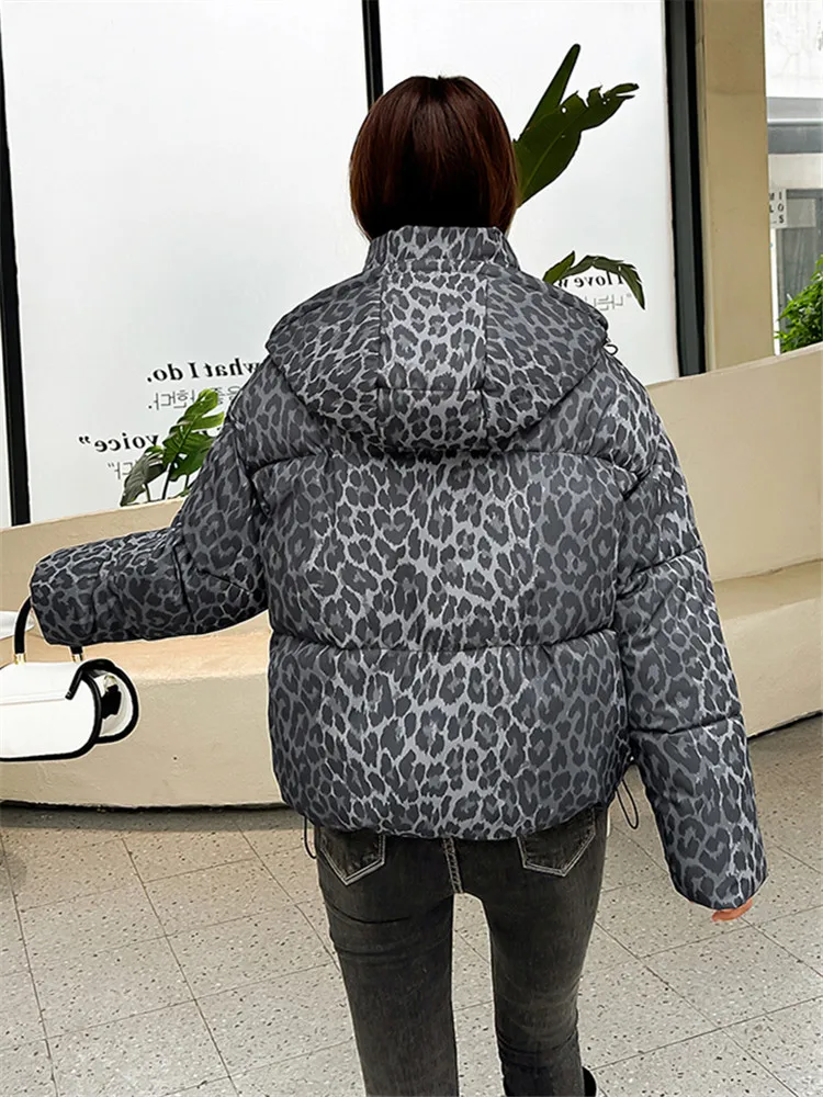 Leopard Print Loose Women Cotton Coat Winter Warm Stand Collar Zipper Quilted Padded Jacket Crop Top Y2K Parkas Female Clothes