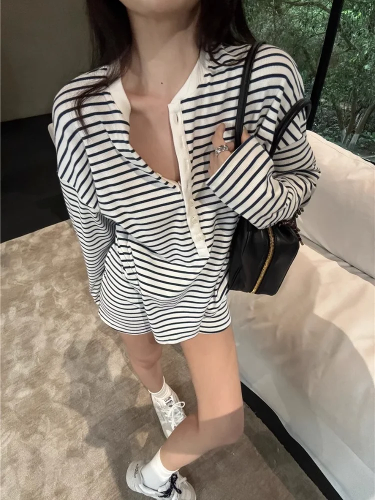 ADAgirl Harajuku Stripe Print Long Sleeve Oversized T-shirts for Women Casual Sweatpants Shorts Two Piece Set Summer Autumn Sets