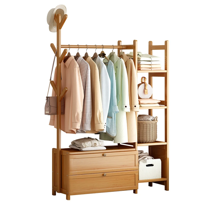 Living Room Furniture Coat Rack Bamboo Wooden Clothes Tree Hallstand Hat Jacket Handbag Hanger With Storage Shelf Drawers