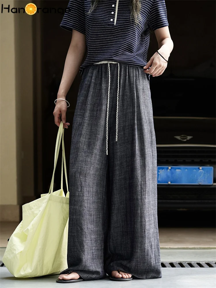 

HanOrange 2025 Summer Splicing Linen Casual Pants Women Retro Drip Dry Breathable Trousers Black Gray