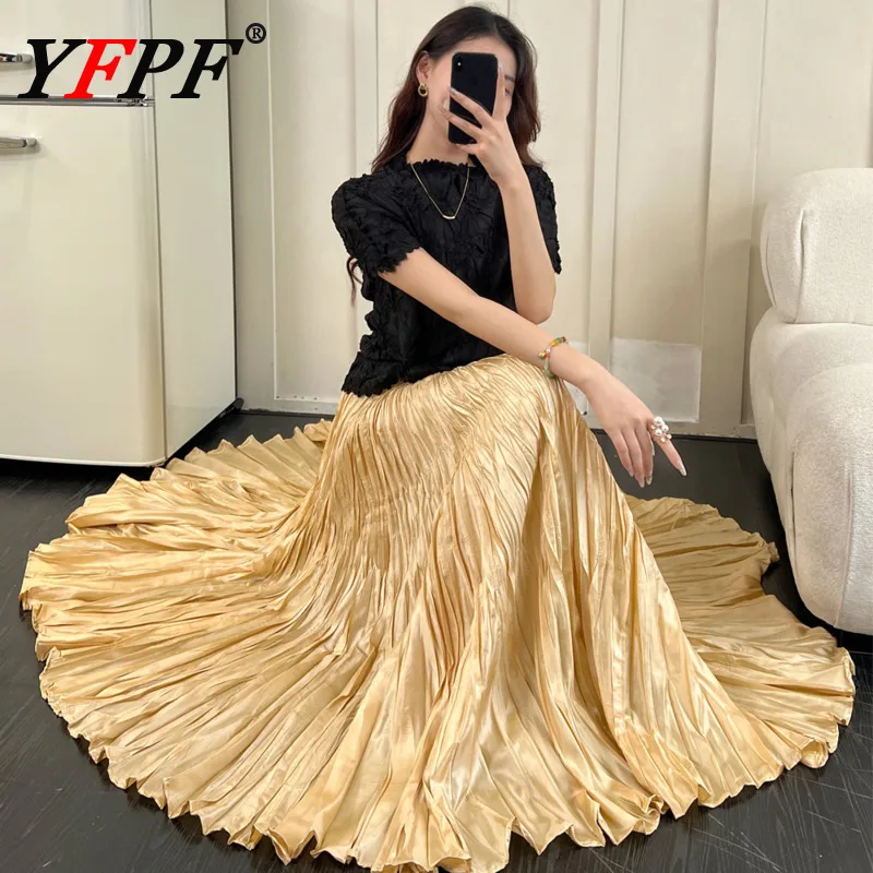 

YFPF Elegant Folds Long Skirt For Women Elastic Waist Solid Color Loose Pleated Fashion Female Clothing 2025 New Skirts 3A287