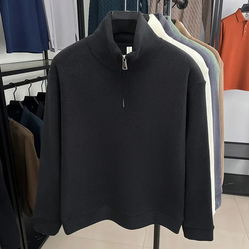 

Autumn and Winter Men's Velvet Hoodie Long Sleeve High Collar Zipper T-shirt Solid Color Fashion Casual Versatile Top