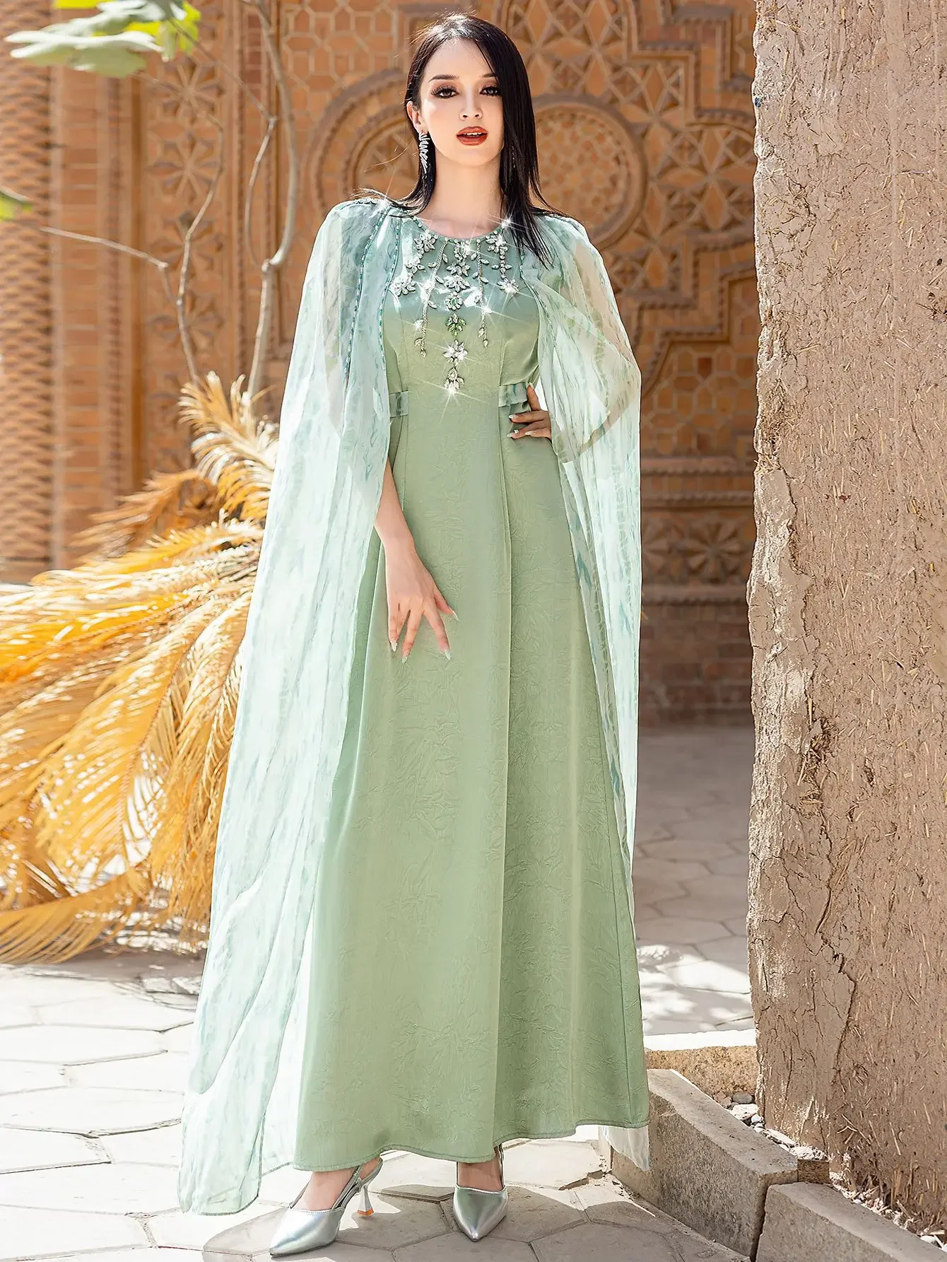 

Eid Women Dress with Long Cape Abaya Caftan Muslim Diamond Party Robe Jalabiya Ramadan Morocco Dubai Kaftan 2025 Vestidos Largos