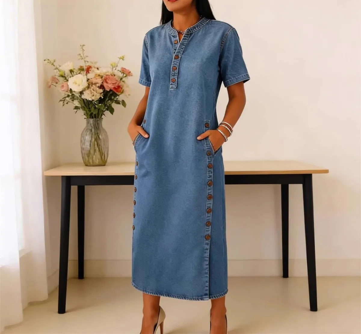 

New Spring/Summer Fashion Casual Short Sleeve O-neck Single Breasted Solid Color Loose Fit Ankle-Length Demin Dress