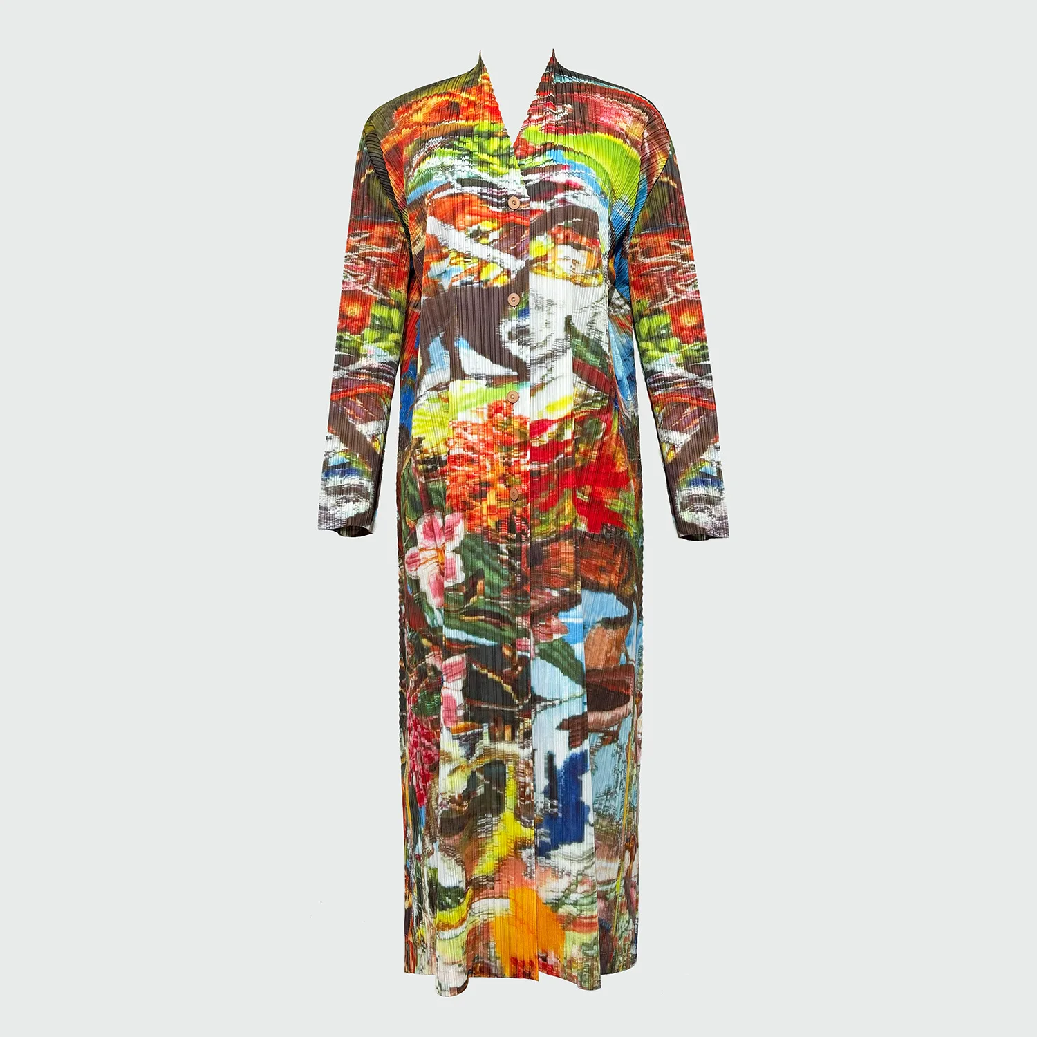 Miyake-vestido camisero holgado plisado, diseño Floral, versátil, a la moda, vestido largo de un solo pecho, ropa de mujer