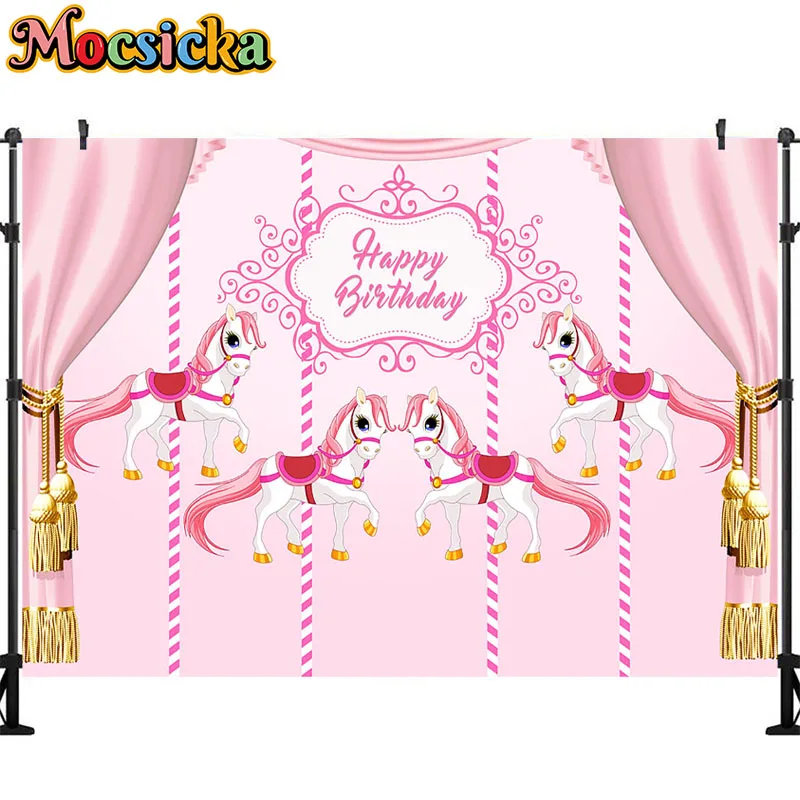 Mocsicka Happy Birthday Carousel Horse Photography Backdrop Baby Party Decor Banner Photographic Background Poster Photo Studio