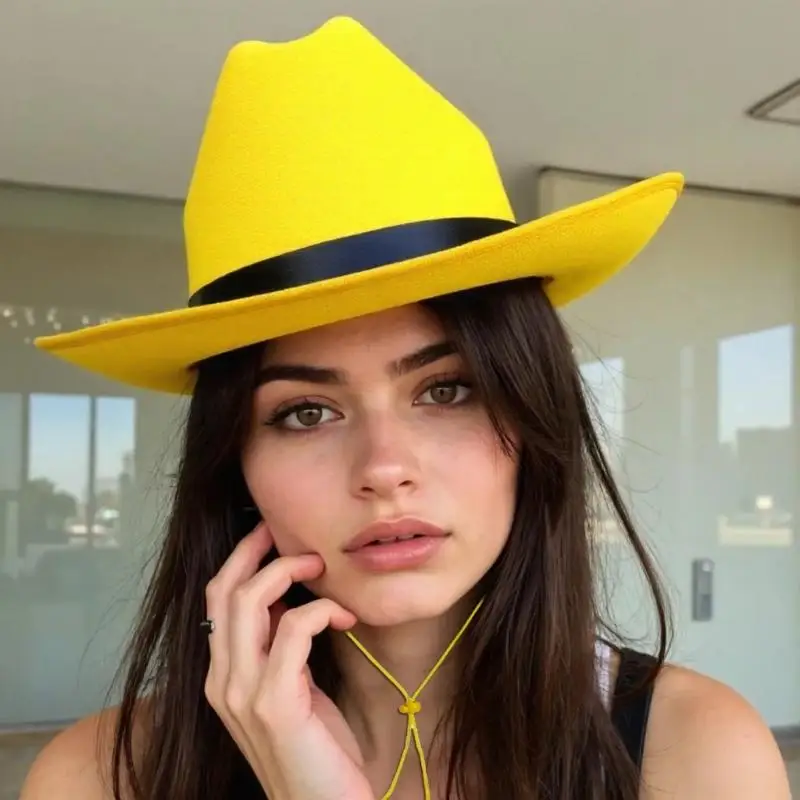 

634C Cowboy Hat Yellow Trim Black Ribbon Band Western Hat Mustache Set Cowboy Cosplay Accessories For Men Halloween Role Play