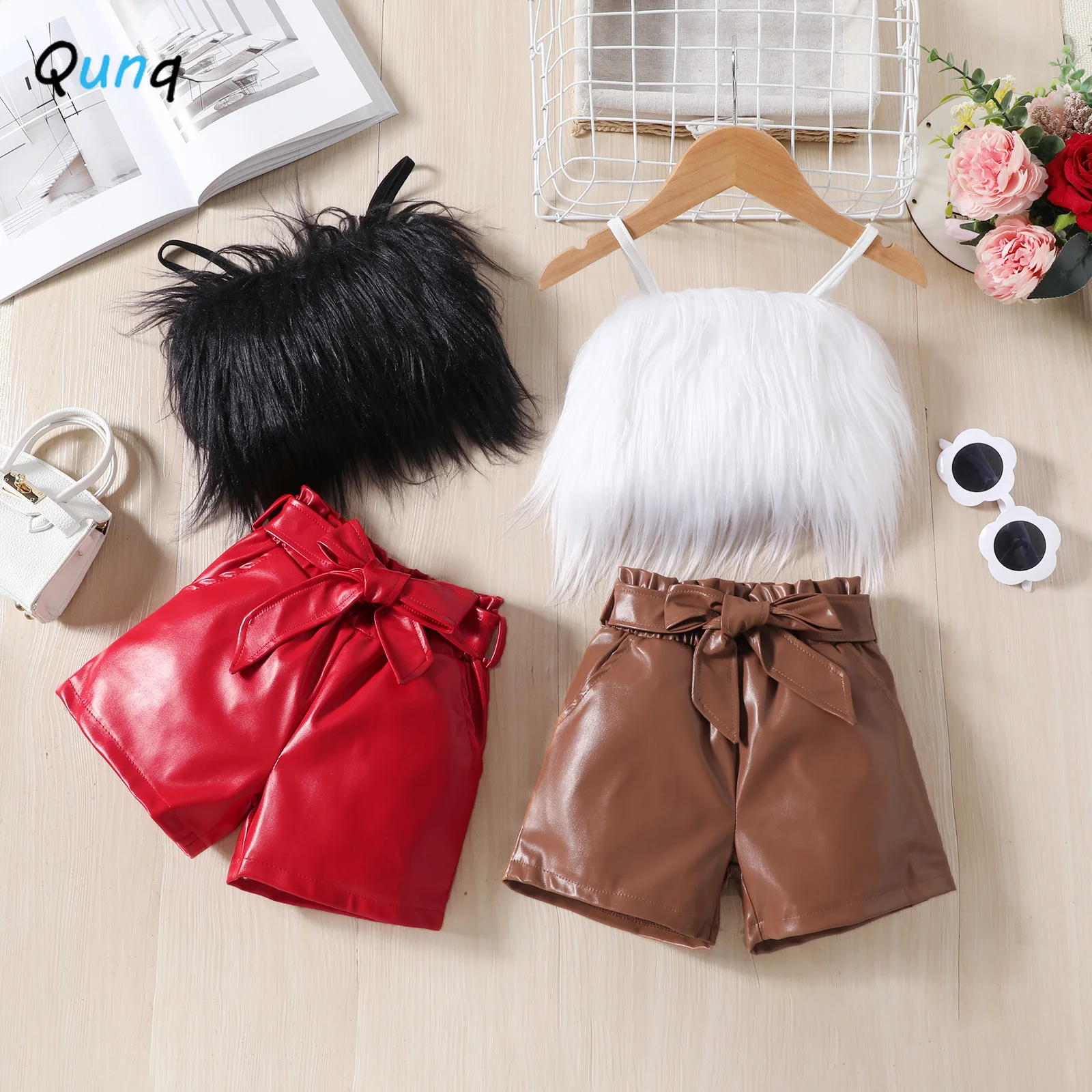 Qunq 2024 Summer New Girl's Plush Sling Top Solid Color Bow Leather Pants Two piece Set with Belt kids clothes 2T-5T