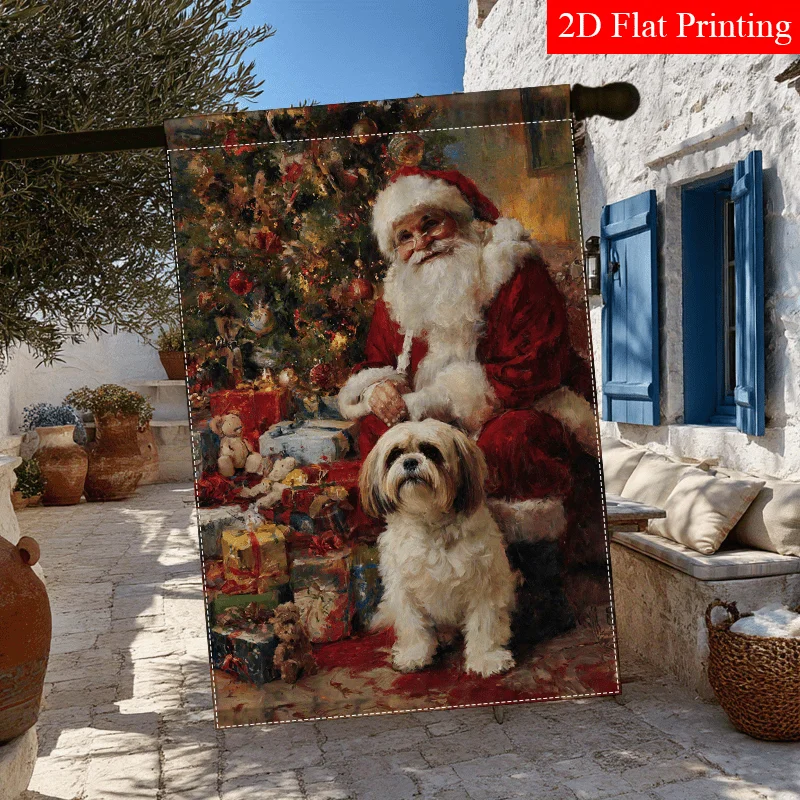 2D Flat, 1pc 2D Flat Santa with Shih Tzu Dog Garden Flag Surrounded By Colorful Presents Small Yard Flags for Outdoor Porch Lawn Decor Perfect for Holiday Celebrations Such As Christmas Day Thanksgiving Day Halloween Memorial Day Unique 18IN*12in, 2D