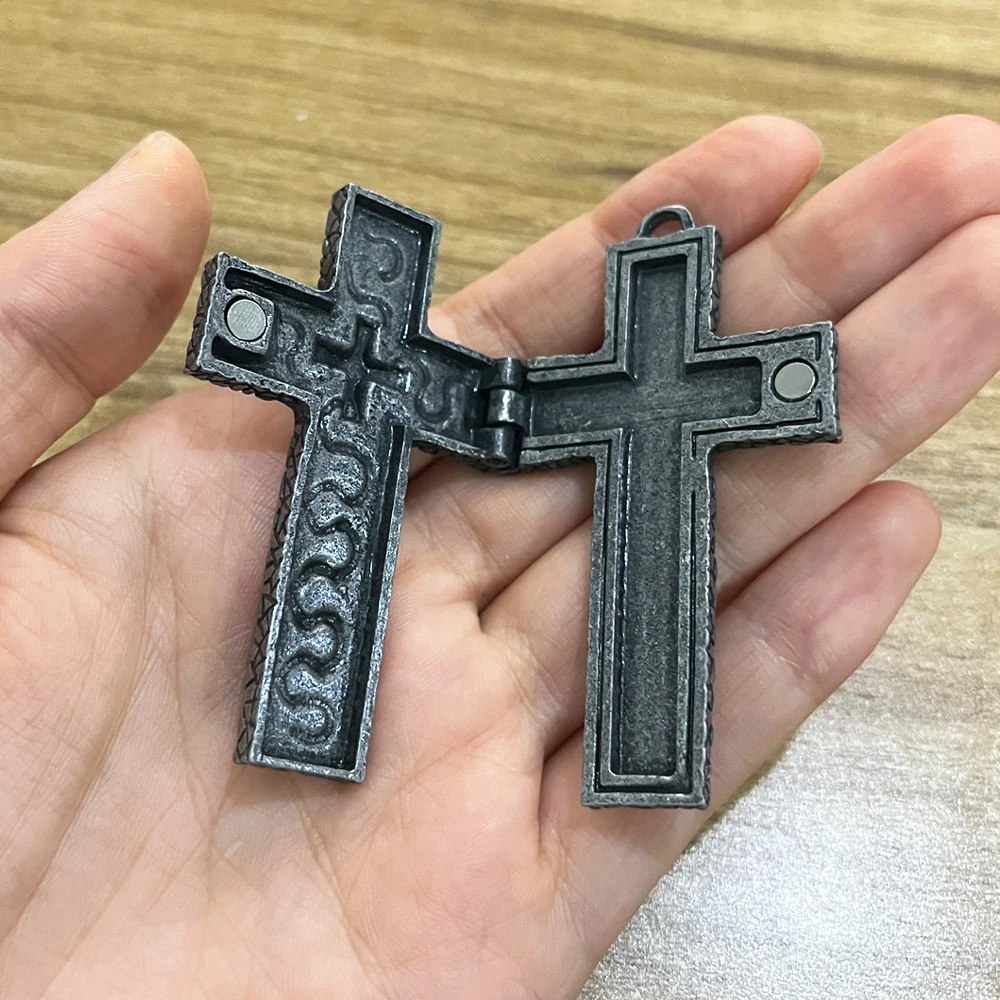 2pcs Vintage Cross Pendant with Secret Compartment Cross Necklace 3D Printed Charm Jewelry Necklace for Women Men