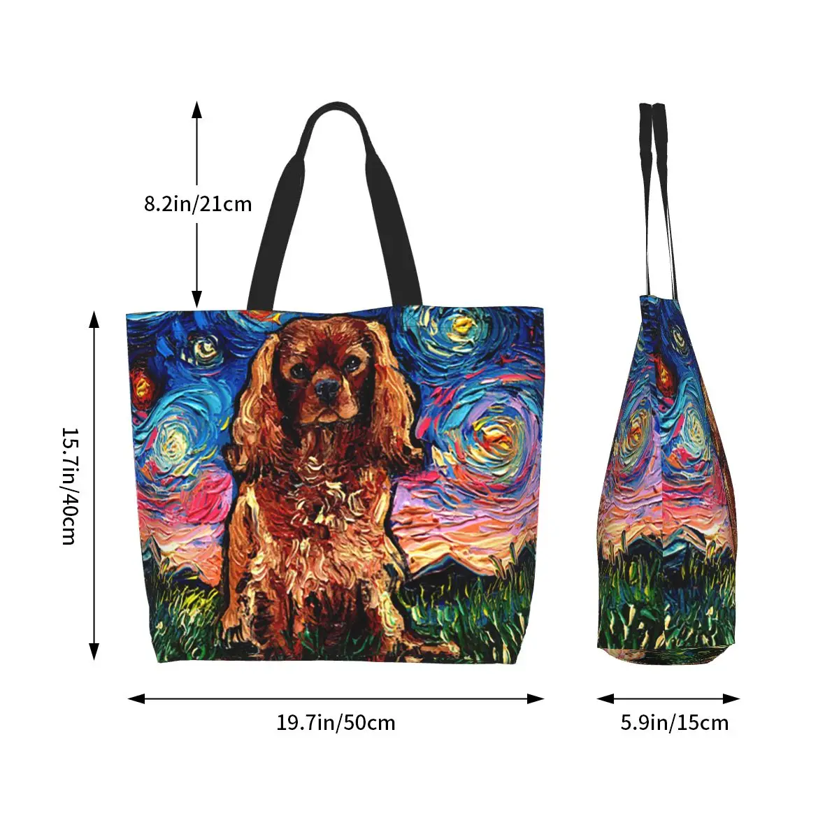 Ruby Dog Cavalier King Charles Spaniel Night Shopping Tote Bag Canvas Shoulder Bags Shopper Grocery Handbag for Women