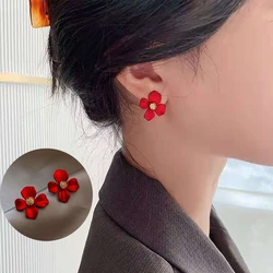 Red Petal Earrings for Women Exquisite High-end Simple Retro Versatile Fashionable Trendy Personalized Luxurious Brand Design