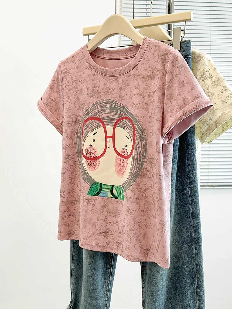 

L-4XL Футболка больших размеров женская летняя рубашка женская 2025 новая корейская мода мультфильм бежевая или розовая футболка футболки топы для женщин