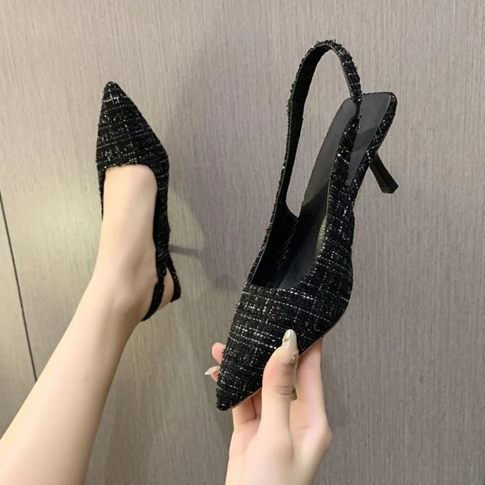 Elegant Office Ladies Slingback Stiletto Shoes Summer Backless Pointed Toe Thin Heels Light Blue Checkered High Heeled Sandals view 3