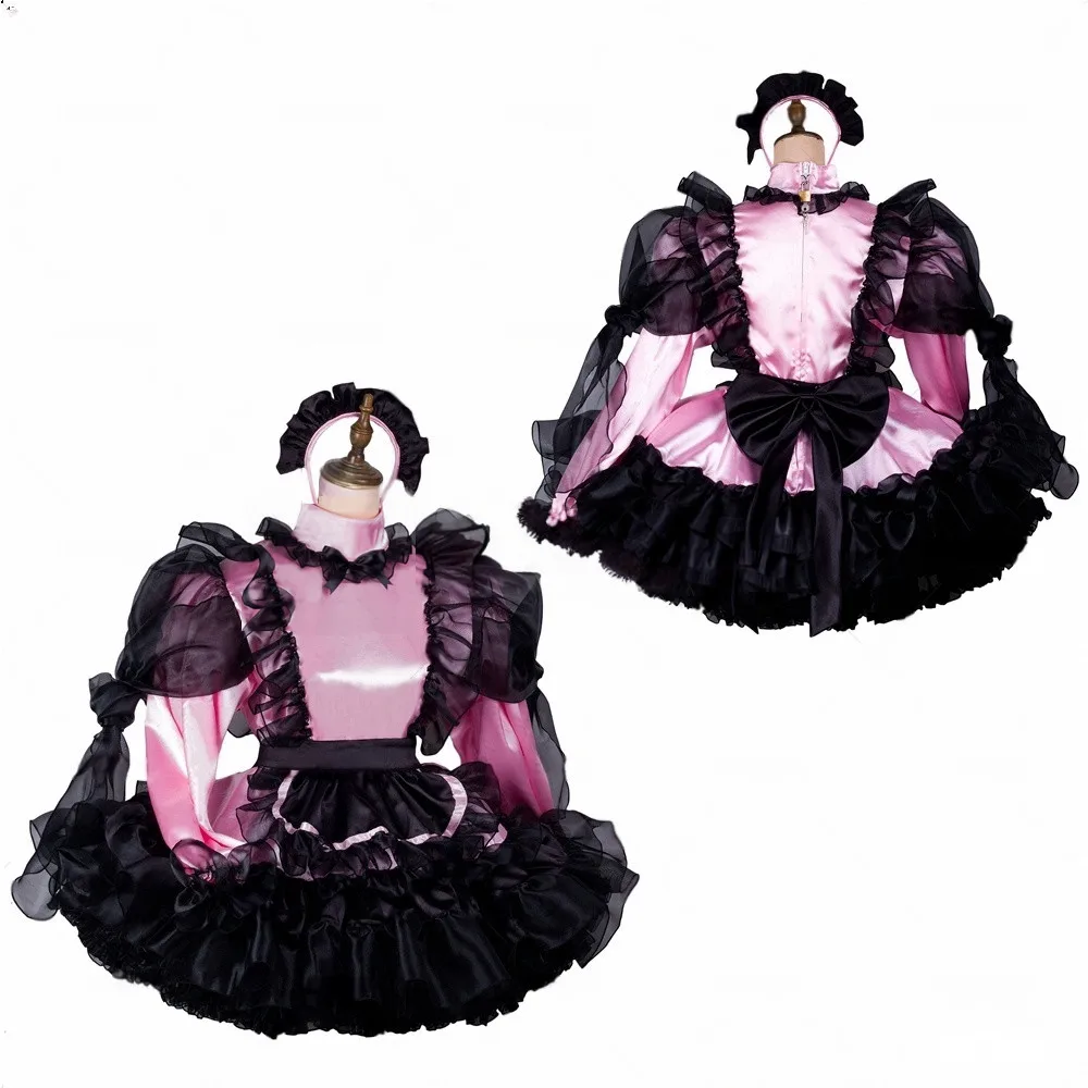 Girl Maid Sissy Pink Satin Lockable Long Sleeve Dress Cosplay Clothing Customization