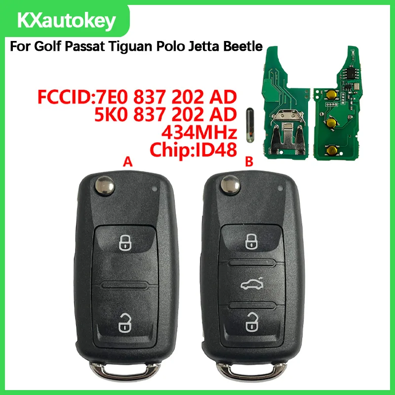 

KXK001001For Volkswagen Golf Passat Tiguan Polo Jetta Beetle 2/3B 433MHz ID48Chip HU66Blade FCCID-5K0/7E0-837 202AD Replacement