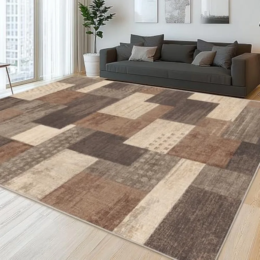

Living room geometric patchwork area rug, beige 5'x7', soft polypropylene, non-slip backing, ideal for hardwood floors, bedroom