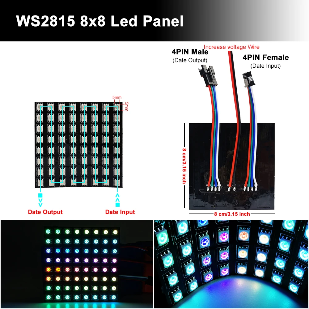 DC12V WS2815 8*8 8*32 16*16 Led Panel 4Pin Individually Addressable 5050 RGB Pixels Matrix Flexible Screen Dual Signal Module