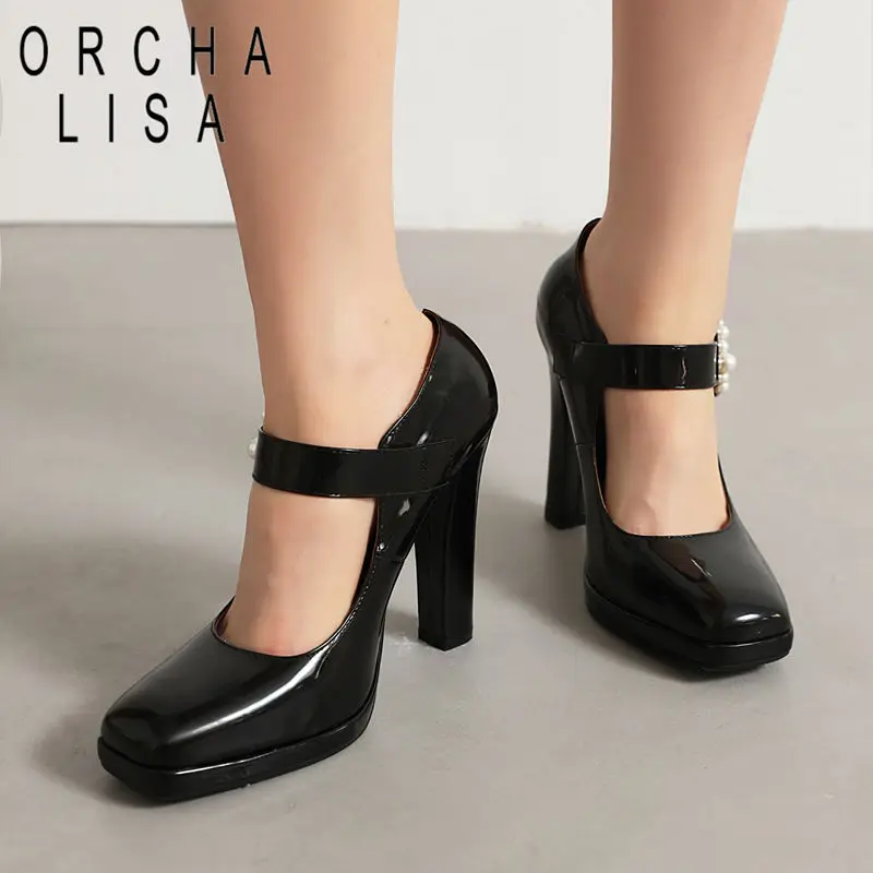 ORCHA LISA Patent Leather Women Pumps Square Toe Ultrahigh Heels 11.5cm Platform Buckle Strap Plus Size 42 43. Dating Shoes