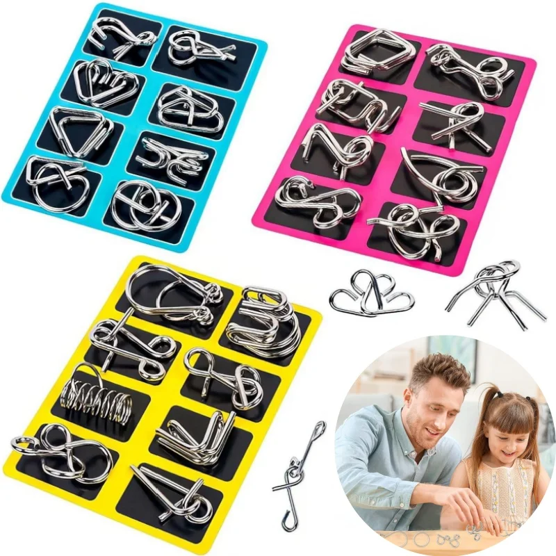 Chinese Kongming Lock 8Pcs Metal Puzzle Set Interlocking Rings Brain Teaser Memory Challenge Educational Toy for Kids Adults