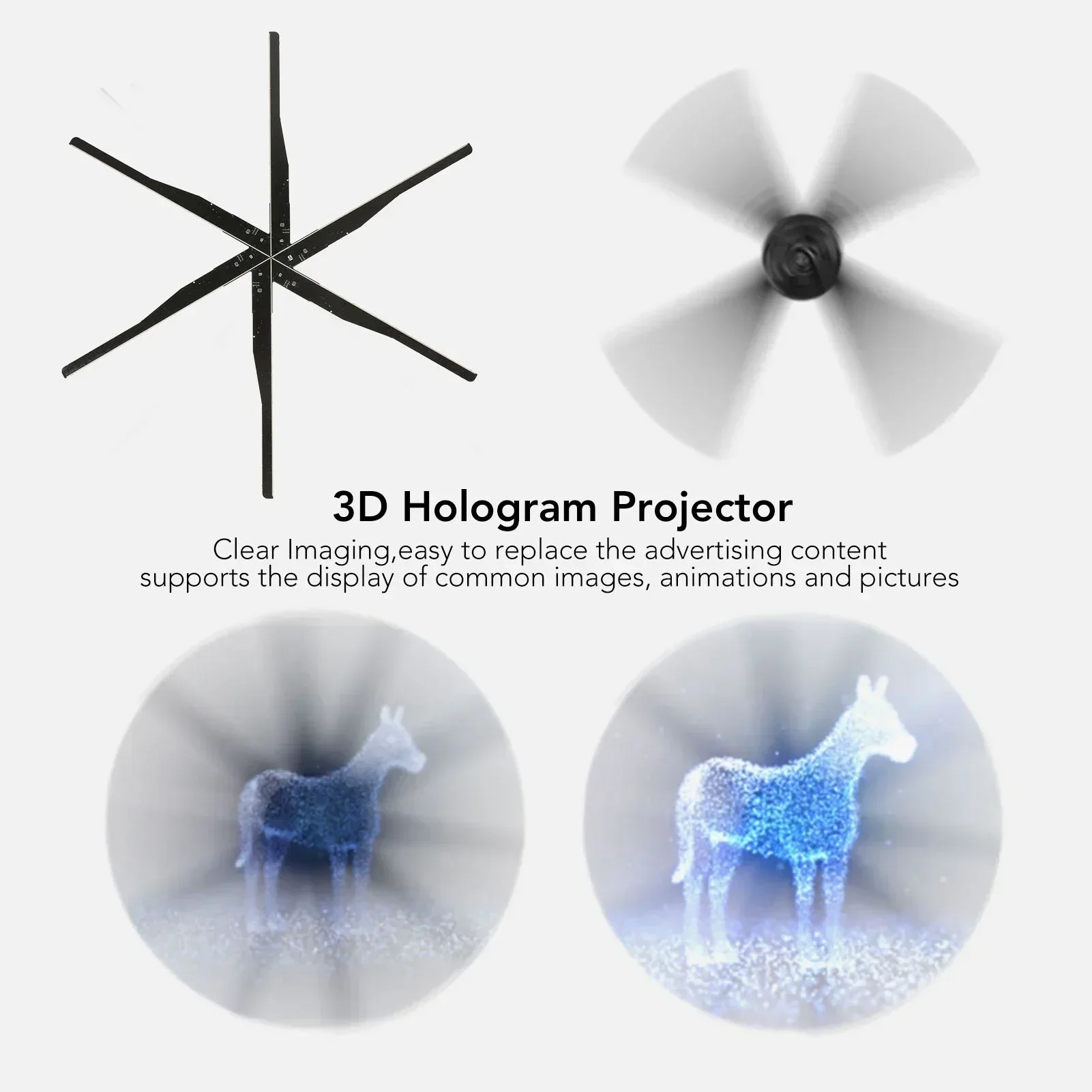 Máquina de publicidade holográfica 3D 96cm suspensão rotativa de imagem de ar 1532 contas de lâmpada projetor de holograma de 6 folhas