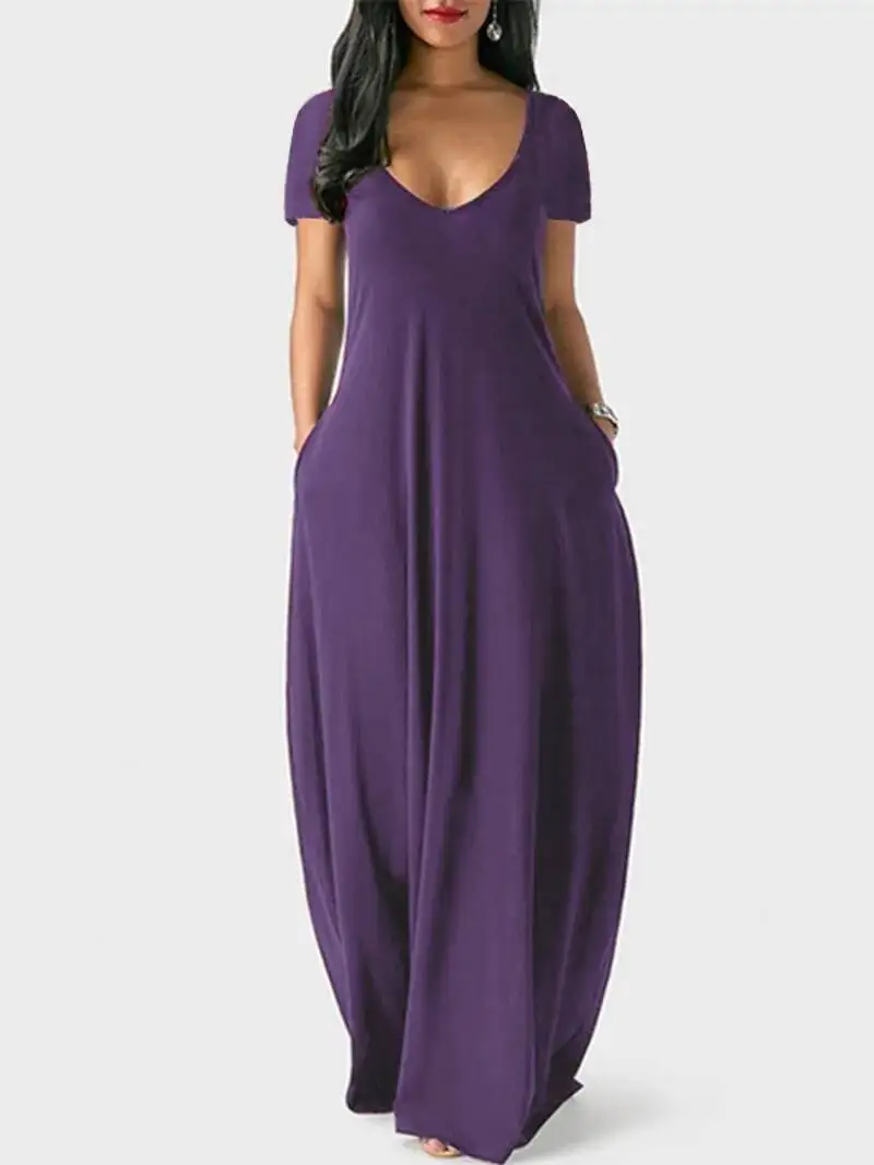 เดรสยาวสีพื้นสไตล์ยุโรปอเมริกันสำหรับฤดูร้อน ไซส์พลัส ผู้หญิง แขนสั้น คอวีลึก เซ็กซี่ หวาน