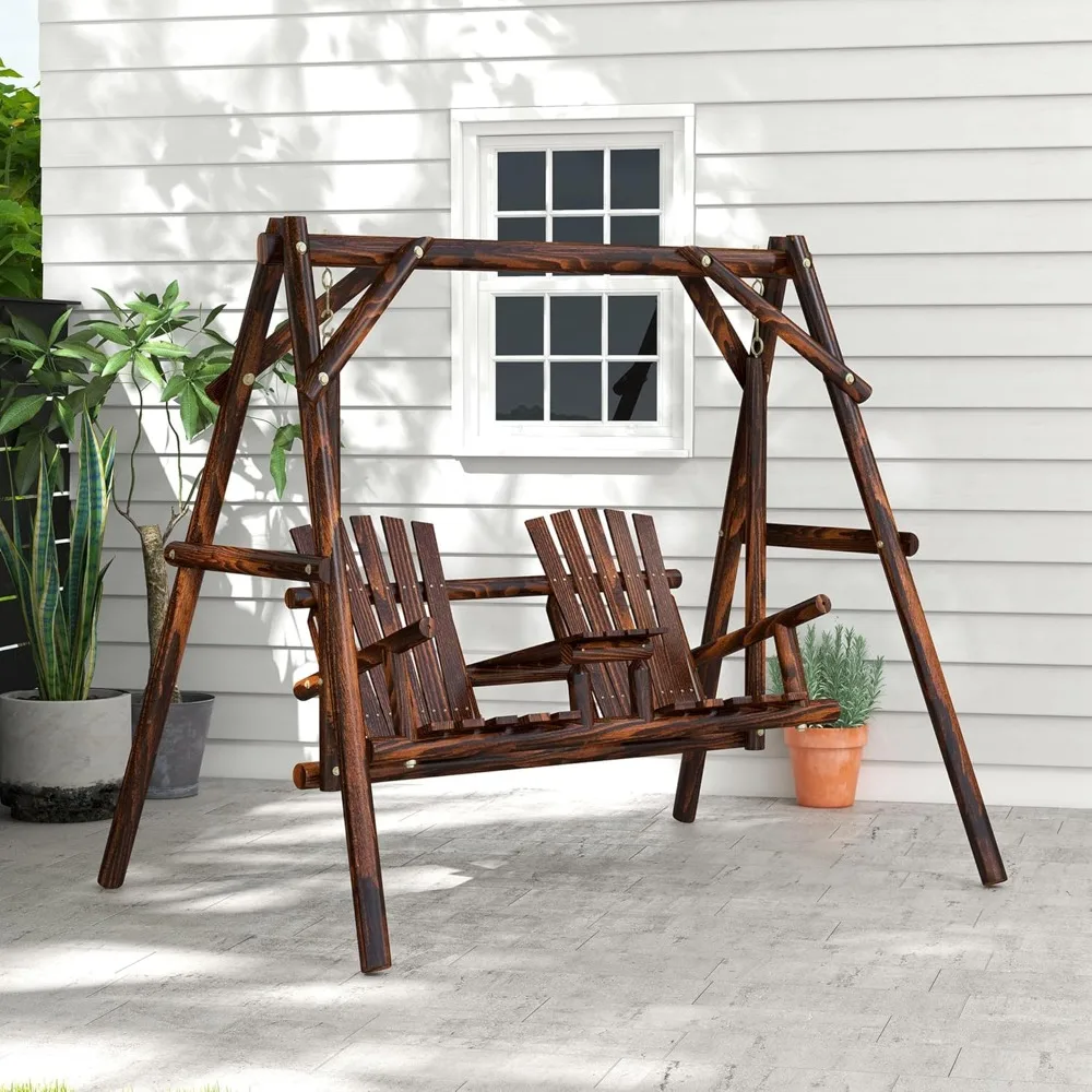 

Wooden Porch Swing with Stand, 2-Seat Patio Swing Chair with Center Table, Customized