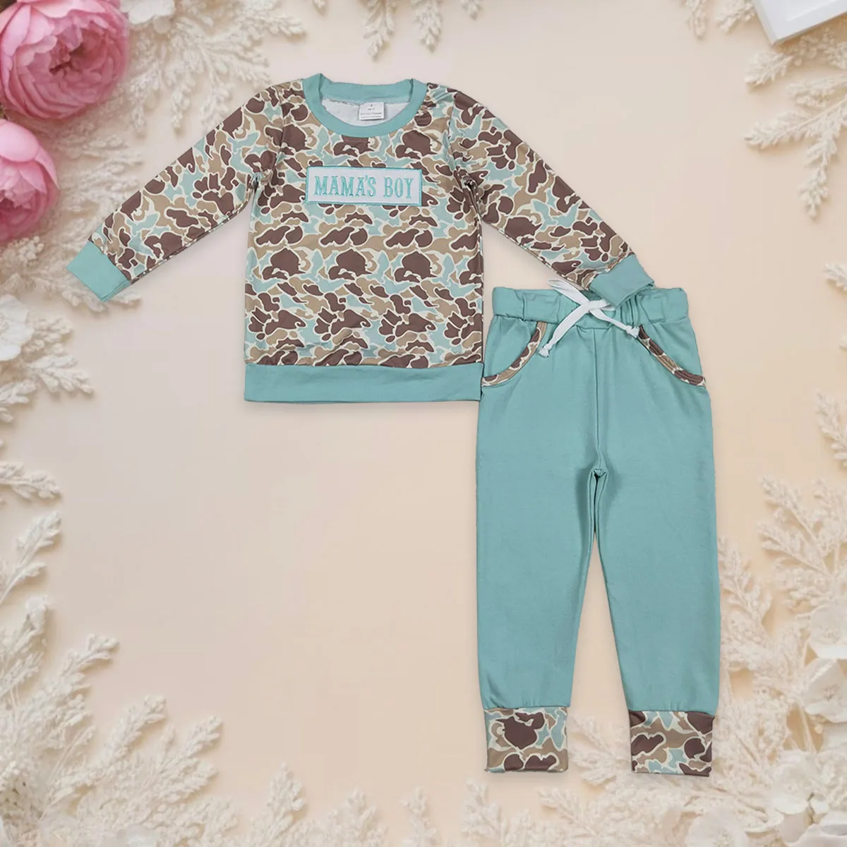 

Baby Boy Toddler Embroidery Mama's Boy Pullover T-shirt Children Green Camo Pants Hunting Pajamas Set Kids Outfit Wholesale