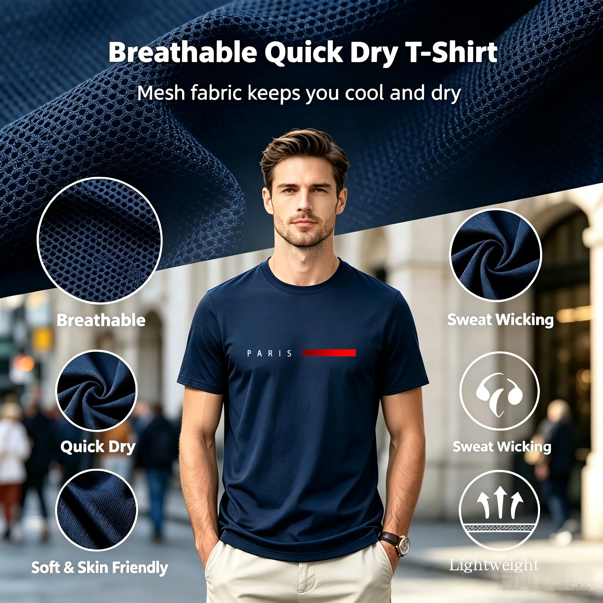 T-shirt pour homme à imprimé inspiré de la ville, séchage rapide, respirant, léger, polyvalent, décontracté, manches courtes