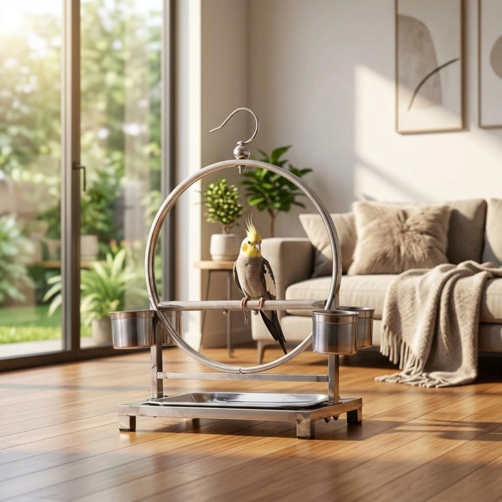 

Freestanding Bird Stand Stainless Steel Bird Perch Stand Pet Furniture Cup Holders Base Tray