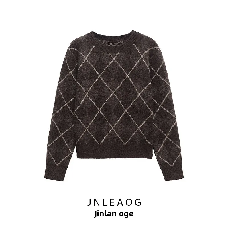 

JNLEAOG New Women's Casual Sle Diamond Pattern Knitted Sweater Faion Design Versatile Leisure Feel Polyester Fiber round ...