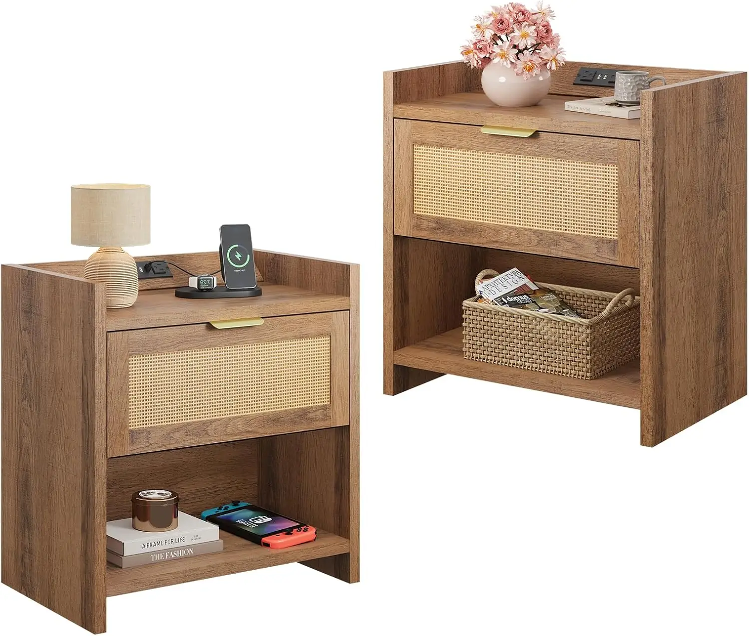 طقم طاولات ليلية من الروطان مكون من 2، طاولة جانبية لسرير بوهو مع محطة شحن ودرج