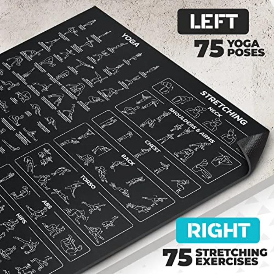 Extra-Large Instructional Yoga Mat for Home Practice - PVC Material - Black - 3X Bigger 2X Wider with 150 Printed Poses, Non-Sl