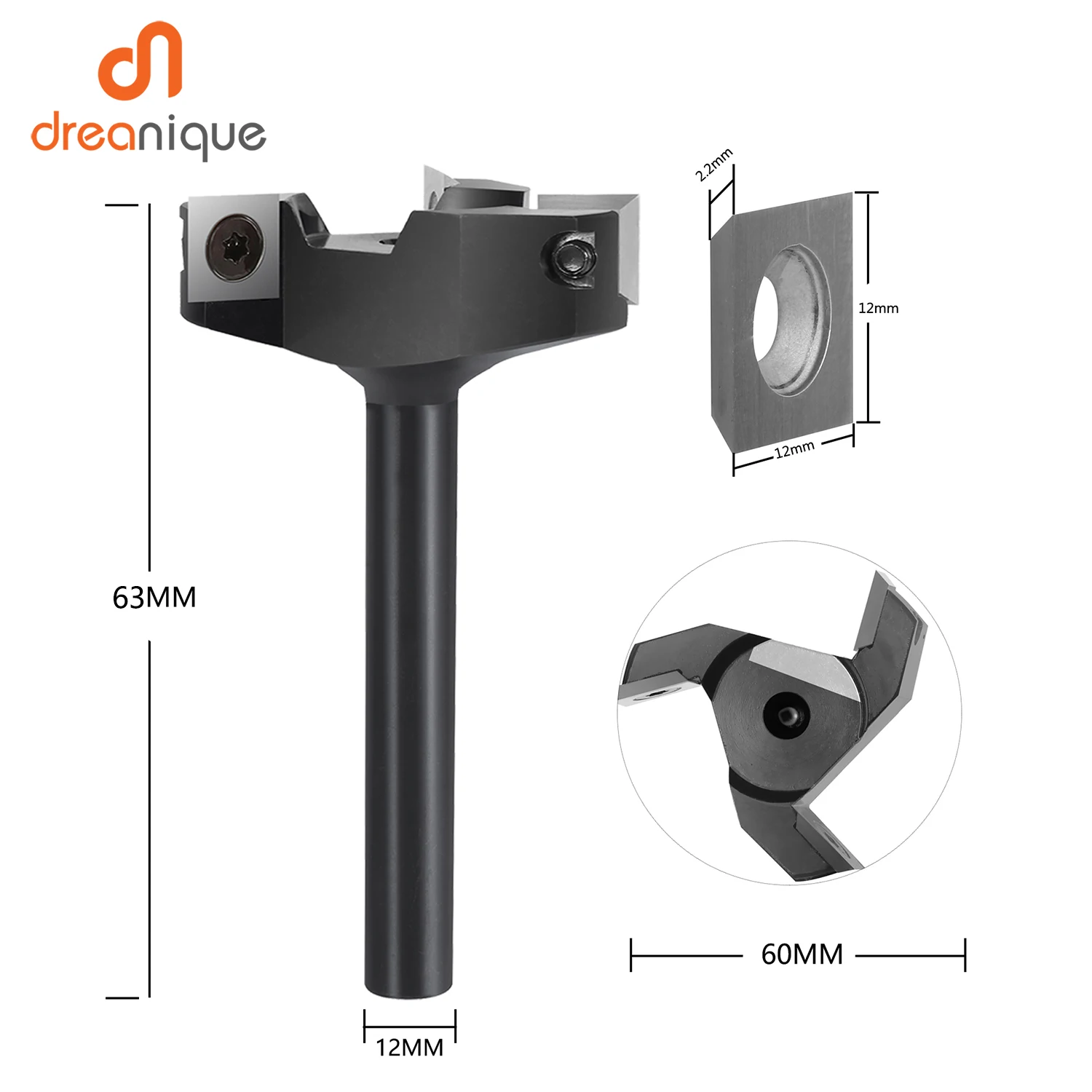 Dreanique 3-Flute Gỗ Planer Bit 35Mm 60Mm Đường Kính Cắt 8Mm 12Mm Shank Spoilboard Bề Mặt router Bit Carbide Insert Carbide Tấm
